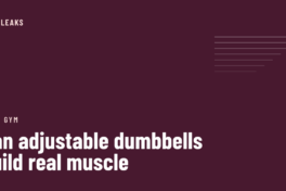 Deep plum cover with a stack of stepped white rules to the right, the label home gym, and the headline can adjustable dumbbells build real muscle in white
