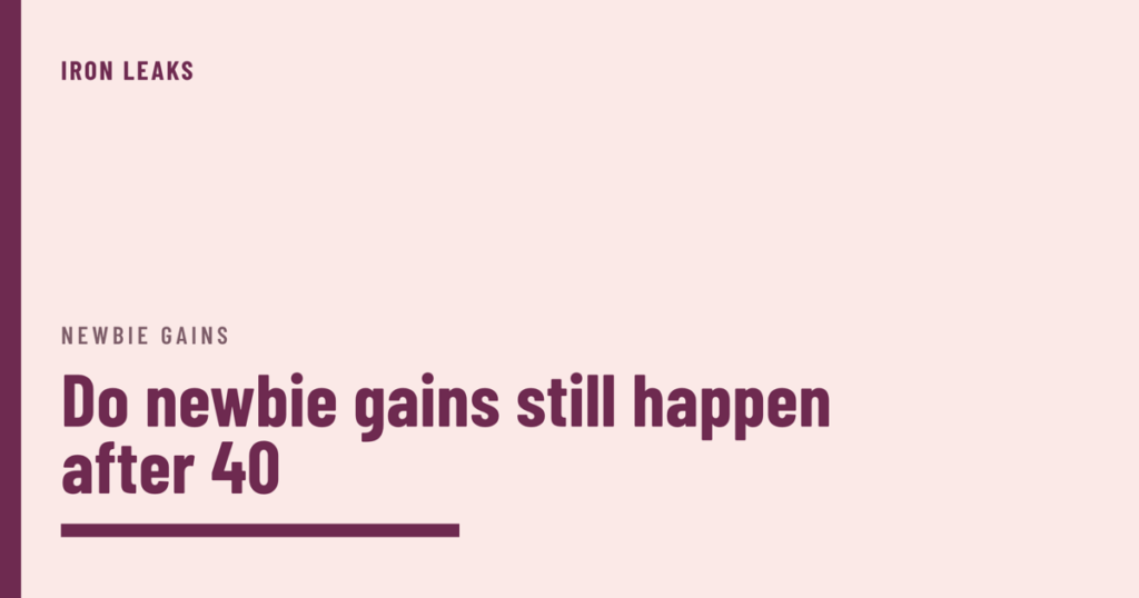 Blush cover with a plum bar down the left edge, the label newbie gains, the headline do newbie gains still happen after 40 in plum, and a thick plum rule beneath it
