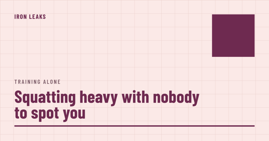 Blush cover on a faint grid with a solid plum square in the top corner, the label training alone, and the headline squatting heavy with nobody to spot you in plum