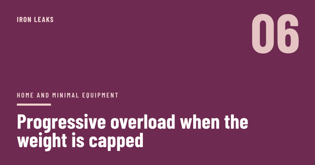 Deep plum cover with a large pale pink numeral 06 in the top corner, the label home and minimal equipment, and the headline progressive overload when the weight is capped in white