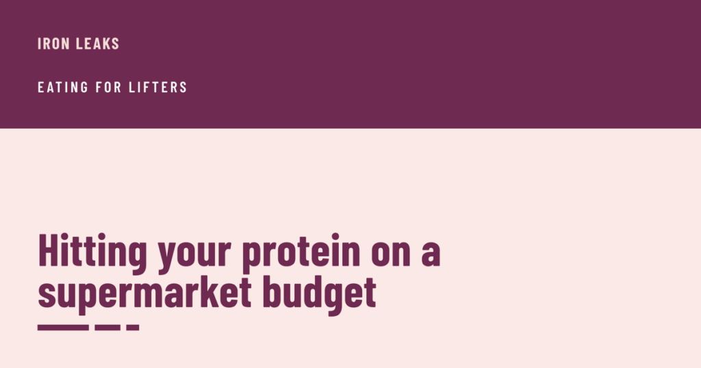 Cover with a plum band across the top carrying the label eating for lifters, the headline hitting your protein on a supermarket budget in plum below it, and three short bars