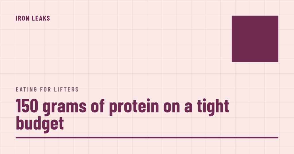 Blush cover on a faint grid with a solid plum square in the top corner, the label eating for lifters, and the headline 150 grams of protein on a tight budget in plum