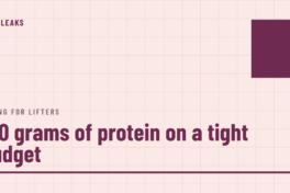 Blush cover on a faint grid with a solid plum square in the top corner, the label eating for lifters, and the headline 150 grams of protein on a tight budget in plum