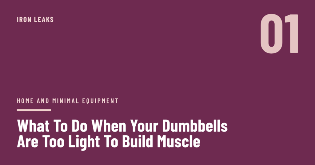 Deep plum cover with a large pale pink numeral in the top corner, the label home and minimal equipment, and the headline What To Do When Your Dumbbells Are Too Light To Build Muscle set in white