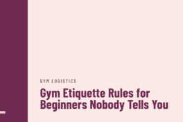 Cover with a plum left column carrying the Iron Leaks wordmark, the label gym logistics, and the headline Gym Etiquette Rules for Beginners Nobody Tells You in plum on the blush right side