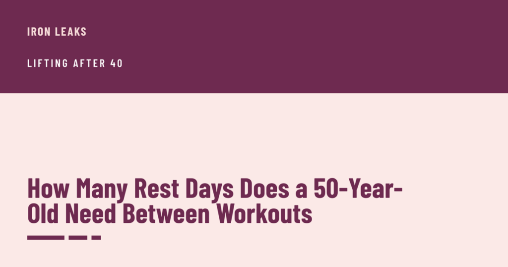 Cover with a plum band across the top carrying the label lifting after 40, and the headline How Many Rest Days Does a 50-Year-Old Need Between Workouts in plum below it beside three short bars