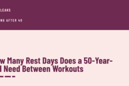 Cover with a plum band across the top carrying the label lifting after 40, and the headline How Many Rest Days Does a 50-Year-Old Need Between Workouts in plum below it beside three short bars
