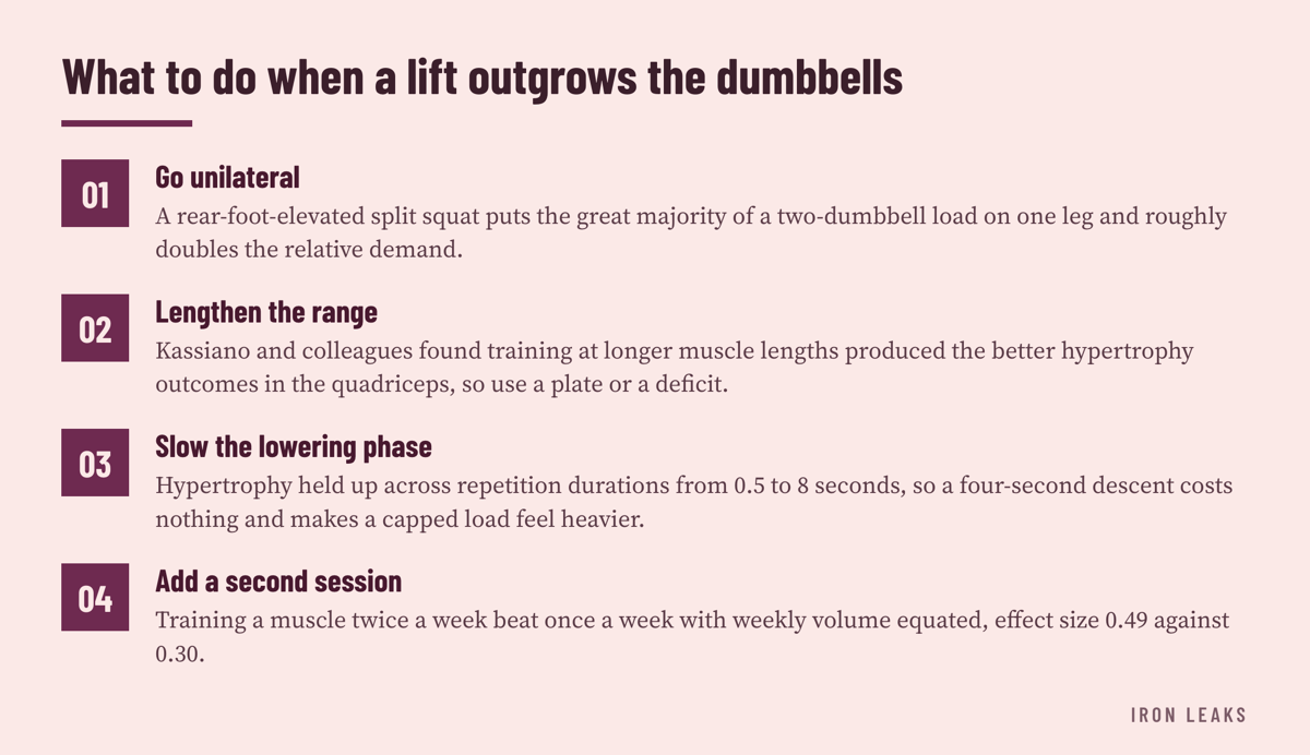A four-stage sequence moving from single-leg loading through longer ranges and slower descents to an extra weekly session, none of which requires more iron.