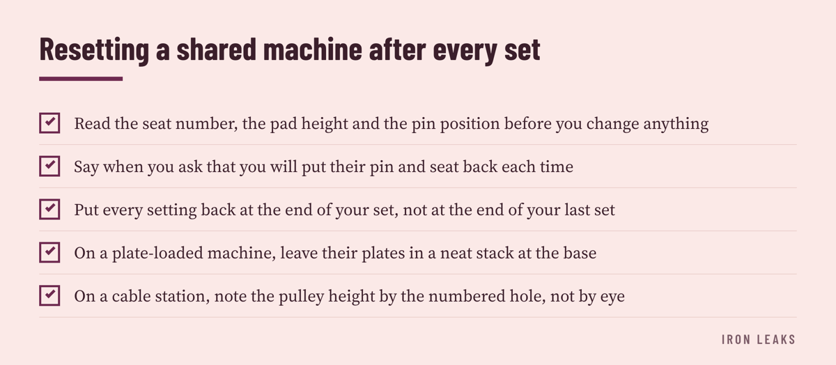 A five-item list covering what to record before adjusting a station, when to restore it, and the two mechanical notes for plate-loaded and cable equipment.